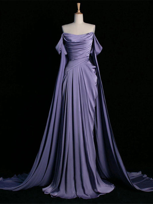 Off The Shoulder Lilac A Line Prom Dress Satin Formal Evening Gown  P790