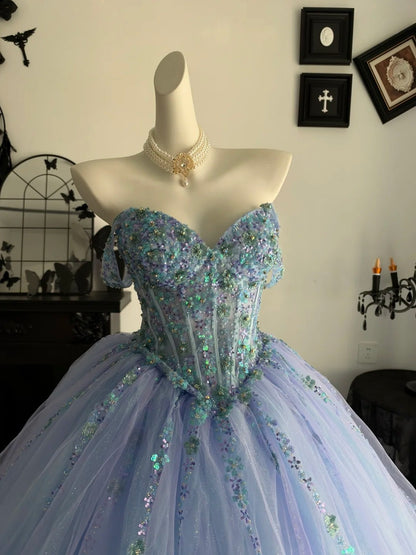 Off The Shoulder Lilac Blue Ball Gown Birthday Dress Quinceanera Dresses  P2694