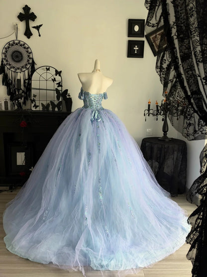 Off The Shoulder Lilac Blue Ball Gown Birthday Dress Quinceanera Dresses  P2694