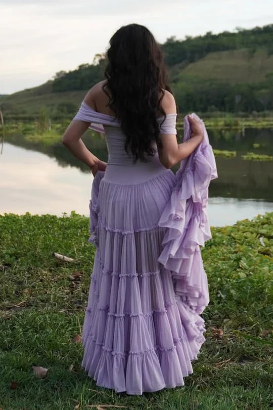 Off The Shoulder Lilac Chiffon Prom Dress Formal Wedding Guest Dress  P1002