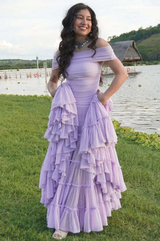 Off The Shoulder Lilac Chiffon Prom Dress Formal Wedding Guest Dress  P1002