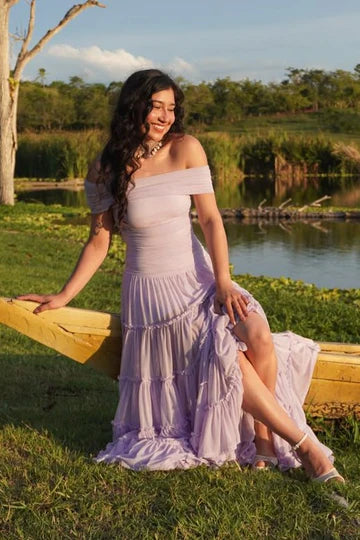 Off The Shoulder Lilac Chiffon Prom Dress Formal Wedding Guest Dress  P1002