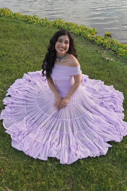 Off The Shoulder Lilac Chiffon Prom Dress Formal Wedding Guest Dress  P1002