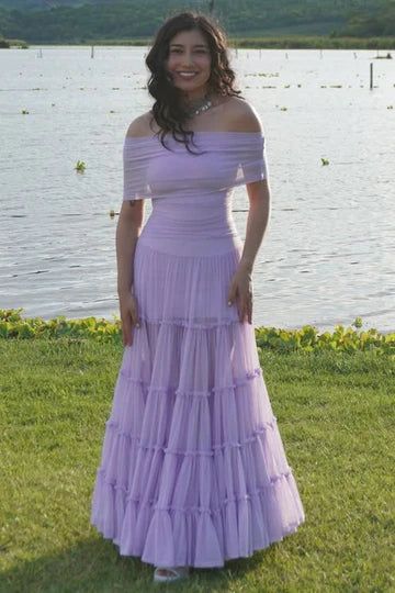 Off The Shoulder Lilac Chiffon Prom Dress Formal Wedding Guest Dress  P1002