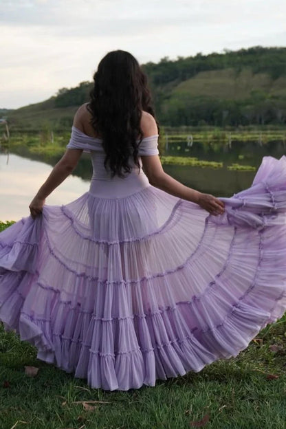 Off The Shoulder Lilac Chiffon Prom Dress Formal Wedding Guest Dress  P1002