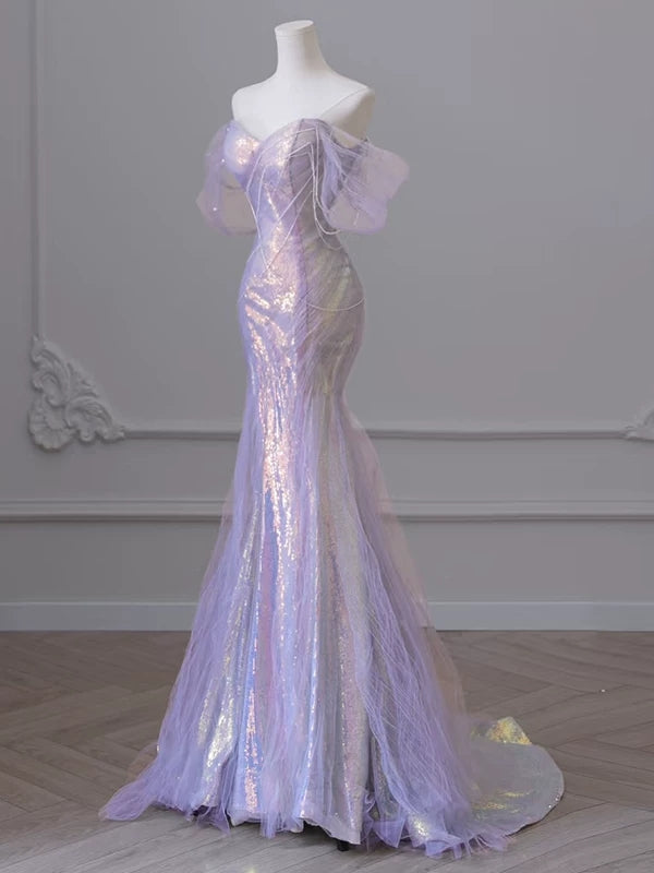 Off The Shoulder Lilac Mermaid Prom Dress Tulle Evening Dress P623