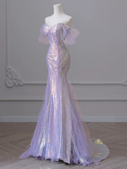 Off The Shoulder Lilac Mermaid Prom Dress Tulle Evening Dress P623