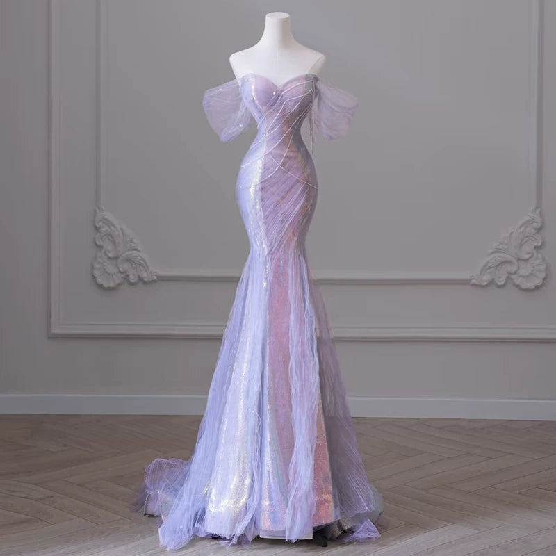 Off The Shoulder Lilac Mermaid Prom Dress Tulle Evening Dress P623