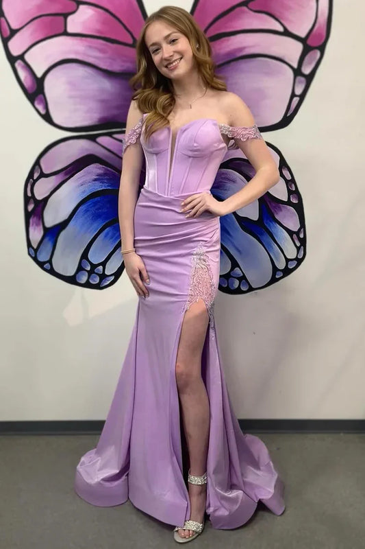 Off The Shoulder Mermaid Lavender Prom Dress With Slit  P714