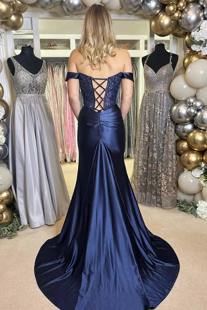 Off The Shoulder Mermaid Navy Blue Prom Dress Satin Formal Evening Dress  P713