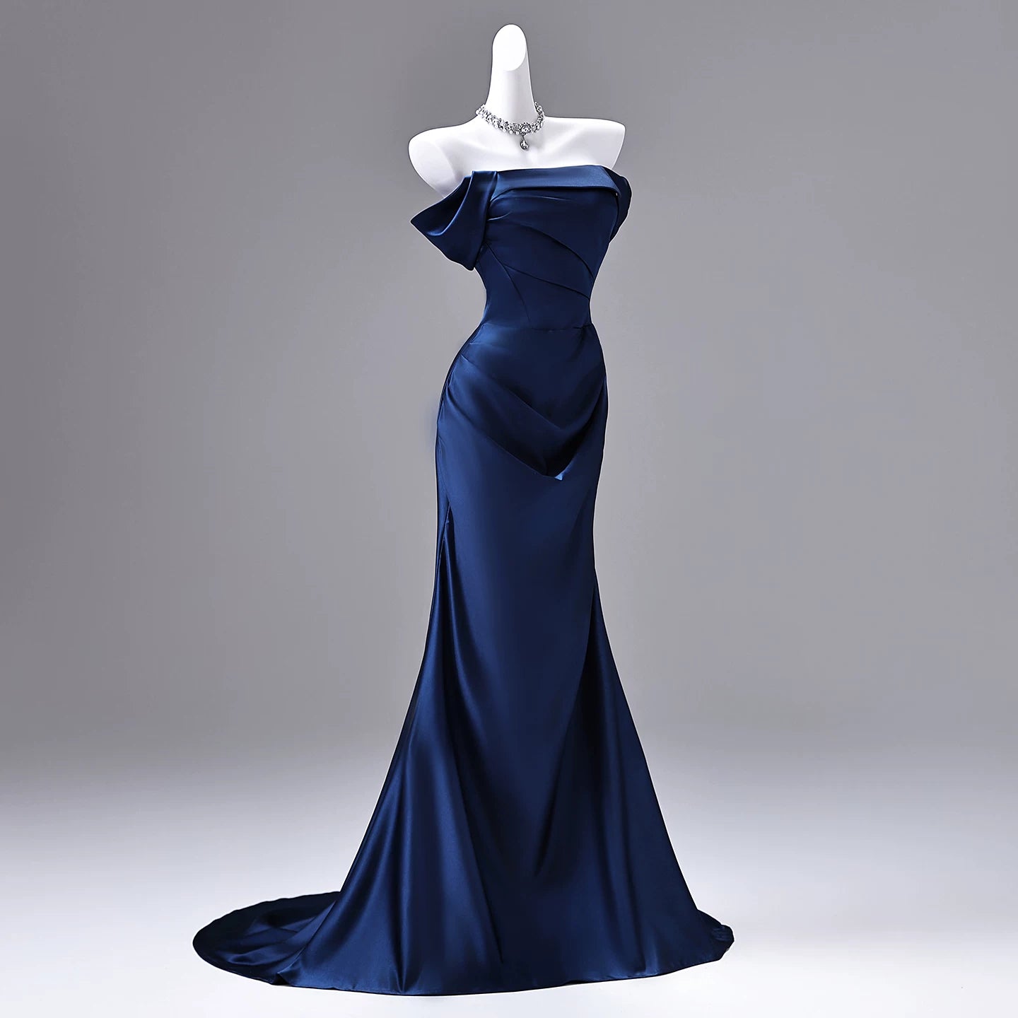 Off The Shoulder Mermaid Navy Blue Satin Prom Dress  P1737