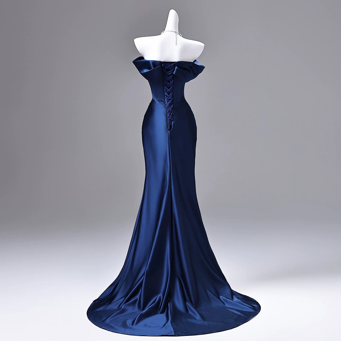 Off The Shoulder Mermaid Navy Blue Satin Prom Dress  P1737