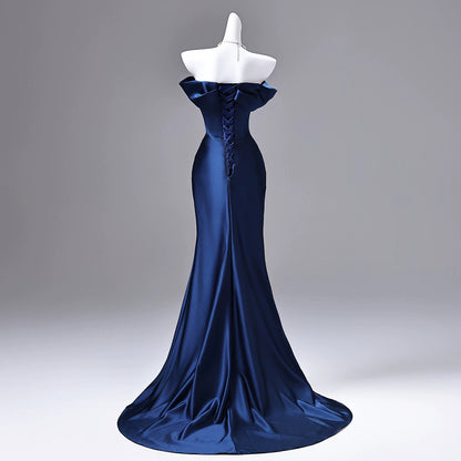 Off The Shoulder Mermaid Navy Blue Satin Prom Dress  P1737