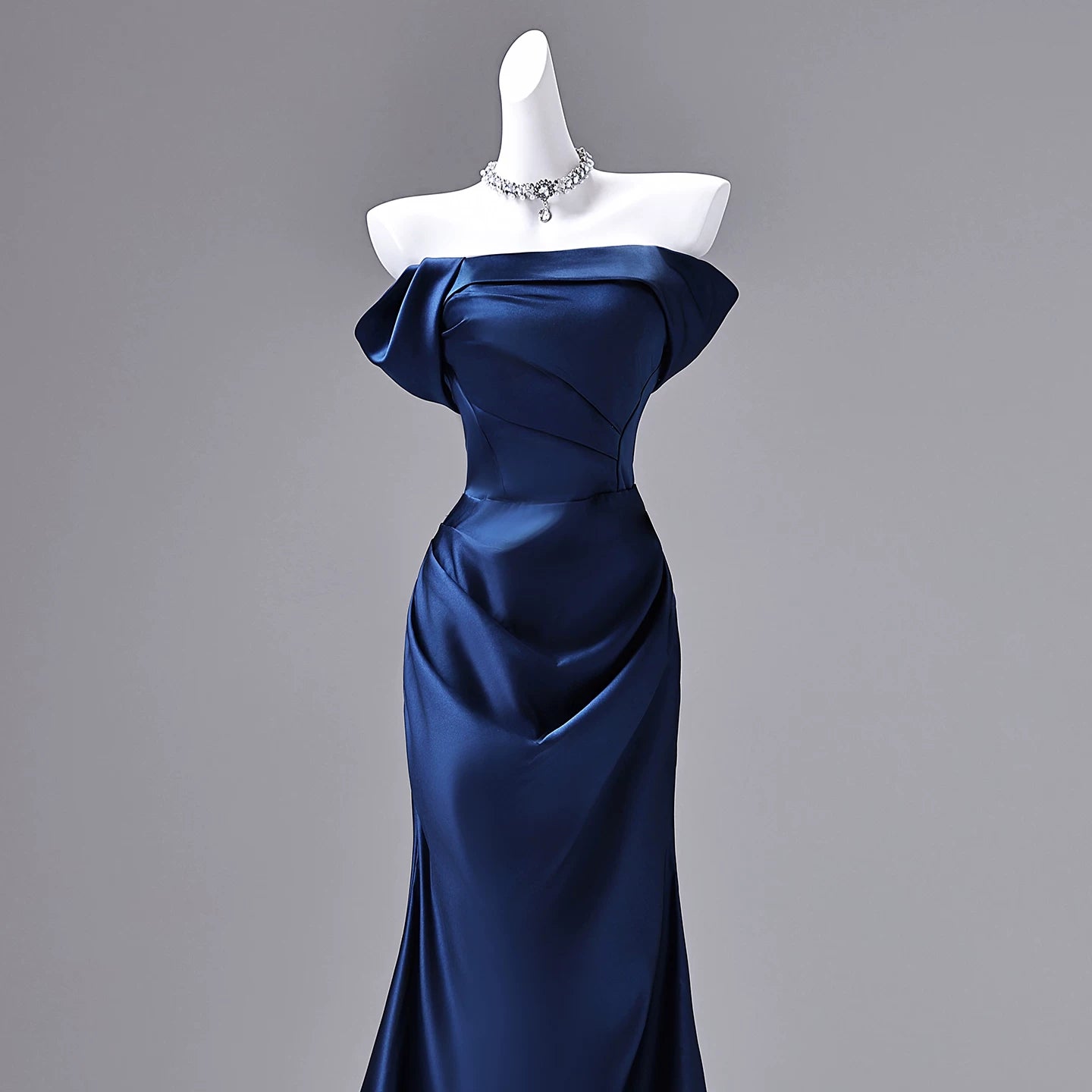 Off The Shoulder Mermaid Navy Blue Satin Prom Dress  P1737
