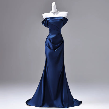 Off The Shoulder Mermaid Navy Blue Satin Prom Dress  P1737