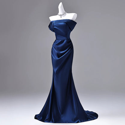 Off The Shoulder Mermaid Navy Blue Satin Prom Dress  P1737
