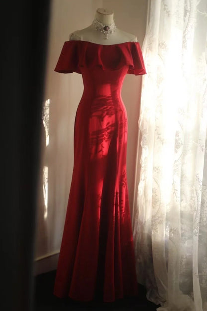 Off The Shoulder Mermaid Red Prom Dress Retro Formal Evening Gowns  P1211
