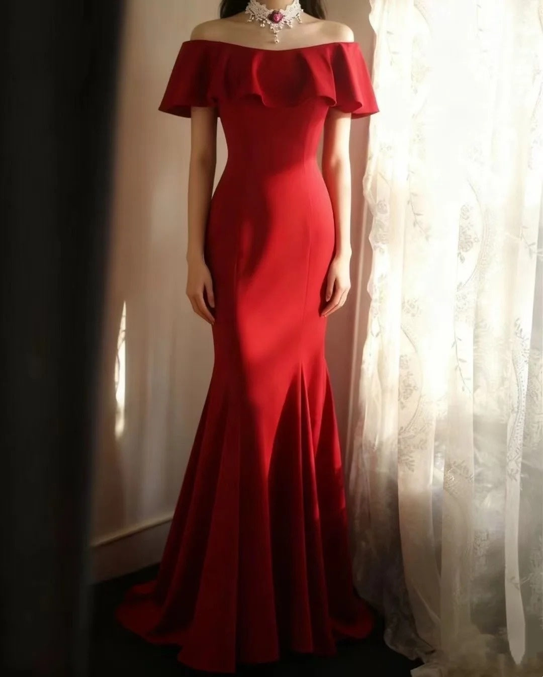 Off The Shoulder Mermaid Red Prom Dress Retro Formal Evening Gowns  P1211