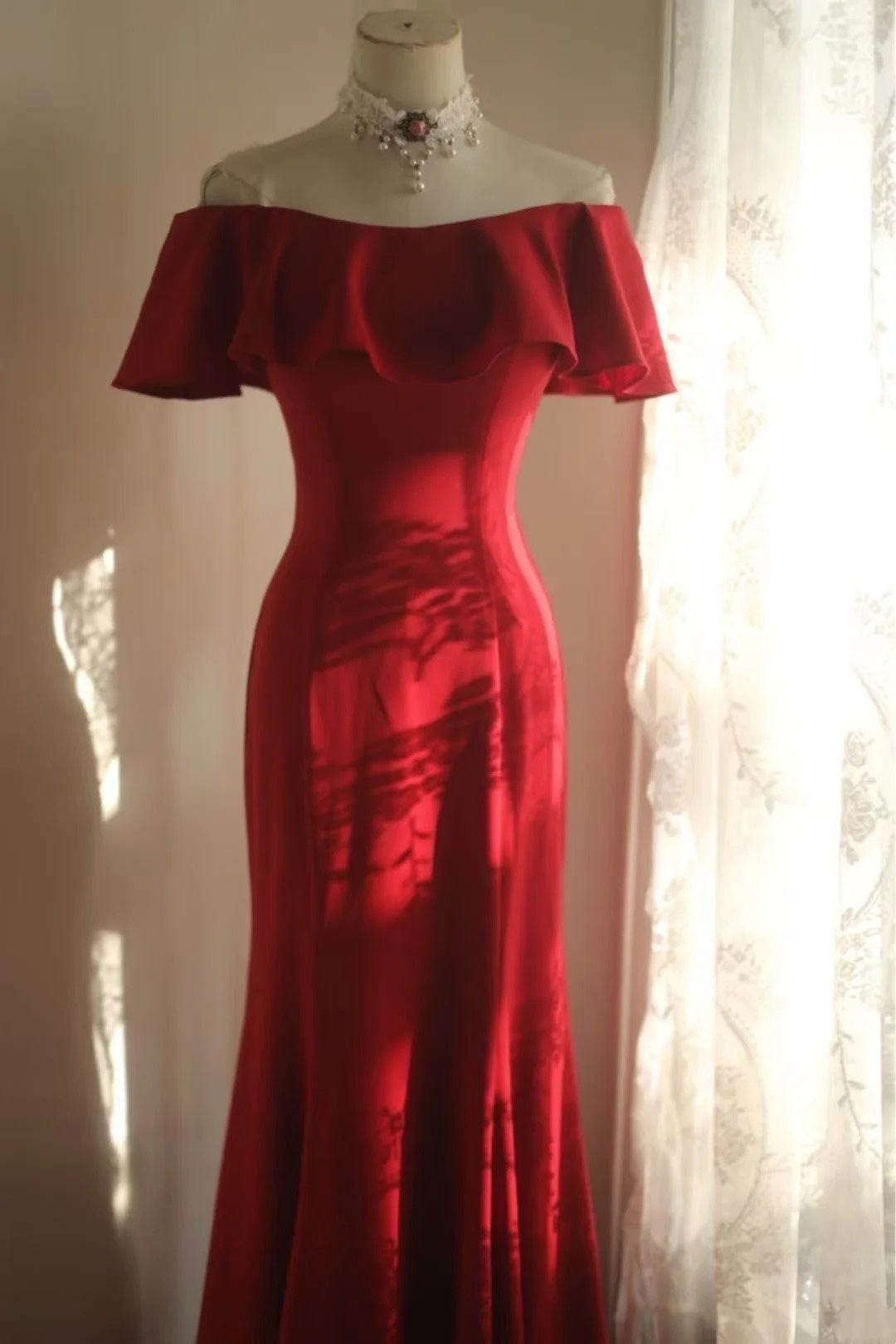Off The Shoulder Mermaid Red Prom Dress Retro Formal Evening Gowns  P1211