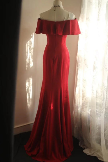 Off The Shoulder Mermaid Red Prom Dress Retro Formal Evening Gowns  P1211