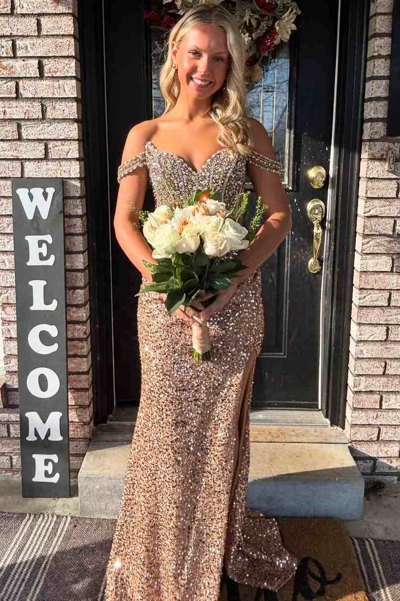Off The Shoulder Mermaid Sequin Prom Dress With Slit  P997