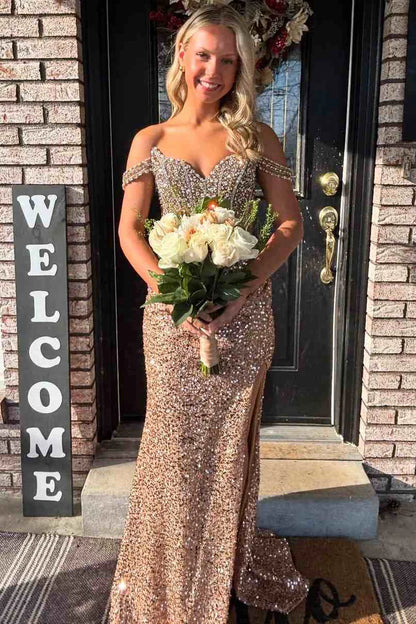 Off The Shoulder Mermaid Sequin Prom Dress With Slit  P997