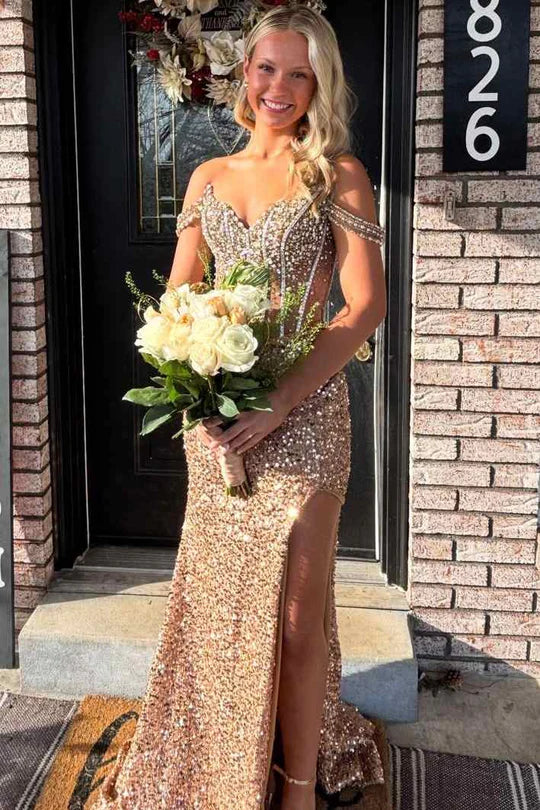 Off The Shoulder Mermaid Sequin Prom Dress With Slit  P997