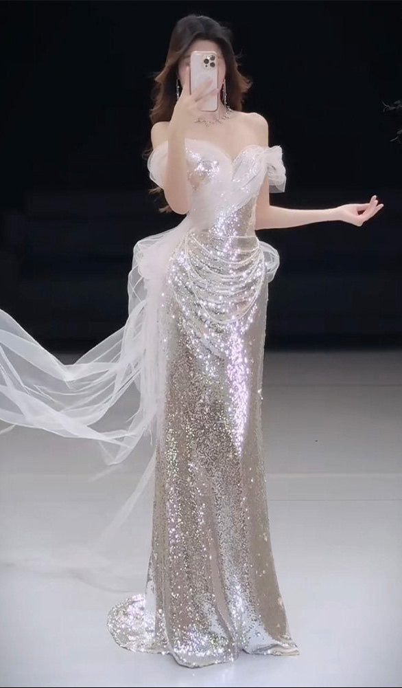 Off The Shoulder Mermaid Silver Sequins Prom Dress  P1110