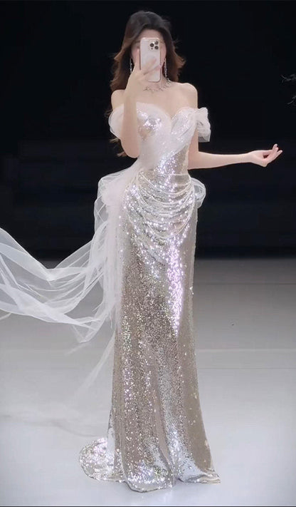 Off The Shoulder Mermaid Silver Sequins Prom Dress  P1110