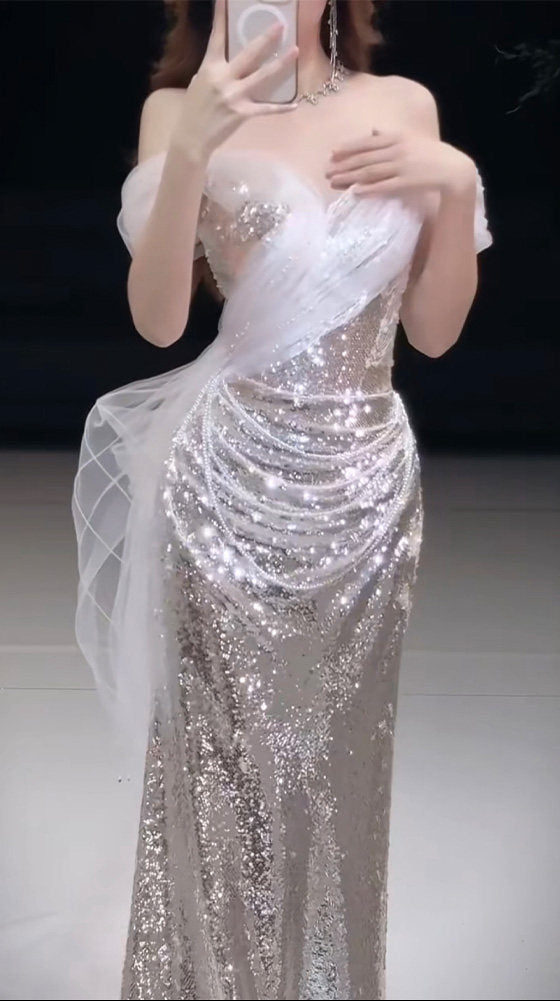 Off The Shoulder Mermaid Silver Sequins Prom Dress  P1110