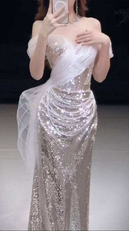 Off The Shoulder Mermaid Silver Sequins Prom Dress  P1110