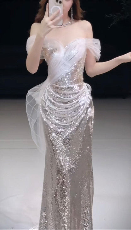 Off The Shoulder Mermaid Silver Sequins Prom Dress  P1110