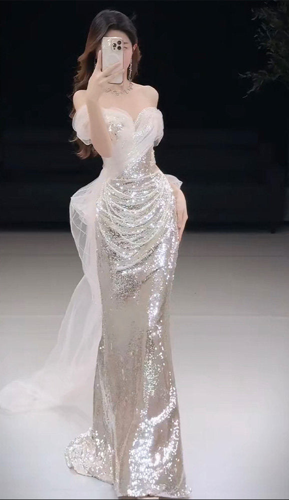 Off The Shoulder Mermaid Silver Sequins Prom Dress  P1110
