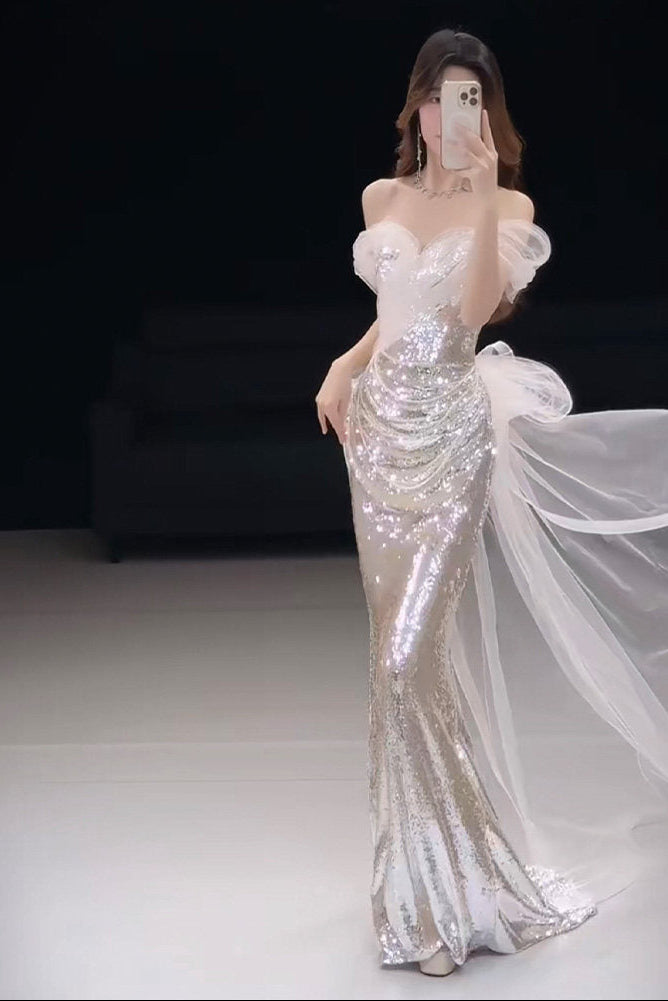 Off The Shoulder Mermaid Silver Sequins Prom Dress  P1110