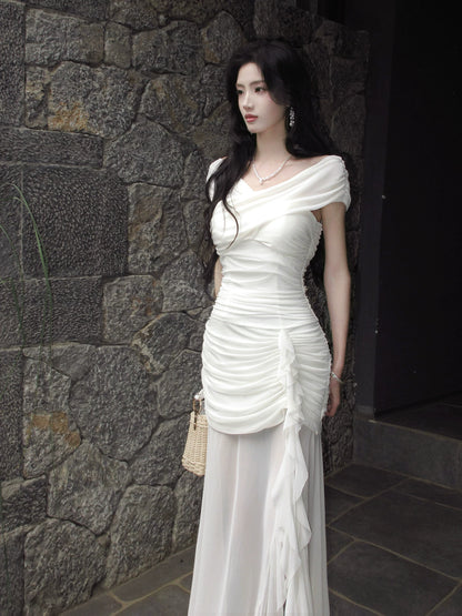 Off The Shoulder Mermaid White Evening Dress Elegant Birthday Dress  P1629