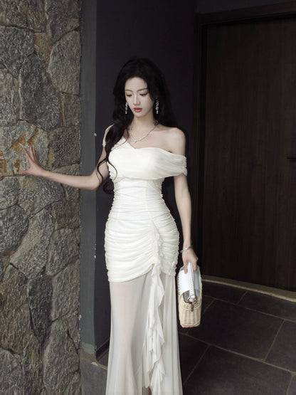 Off The Shoulder Mermaid White Evening Dress Elegant Birthday Dress  P1629