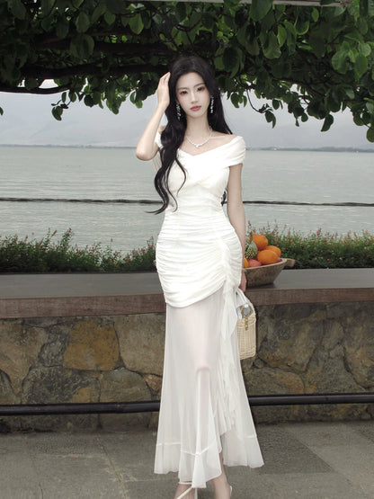 Off The Shoulder Mermaid White Evening Dress Elegant Birthday Dress  P1629