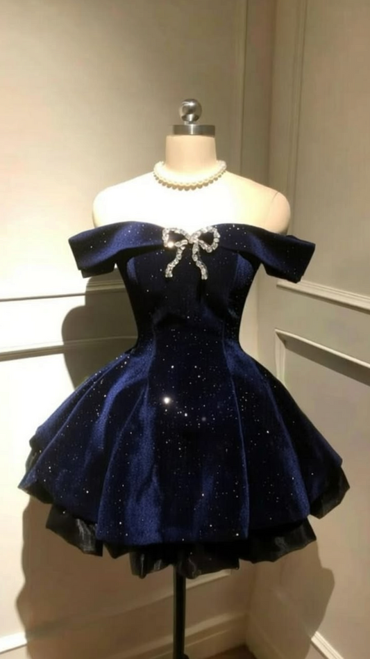 Off The Shoulder Navy Blue Homecoming Dress Velvet Birthday Dress P1666