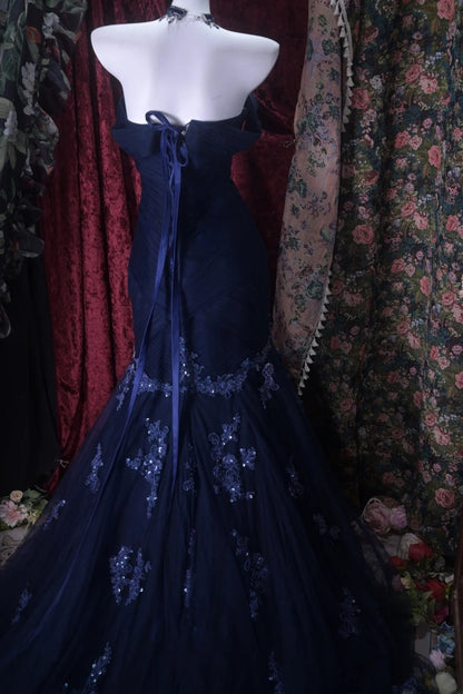 Off The Shoulder Navy Blue Mermaid Prom Dress Tulle Evening Gown  P1816