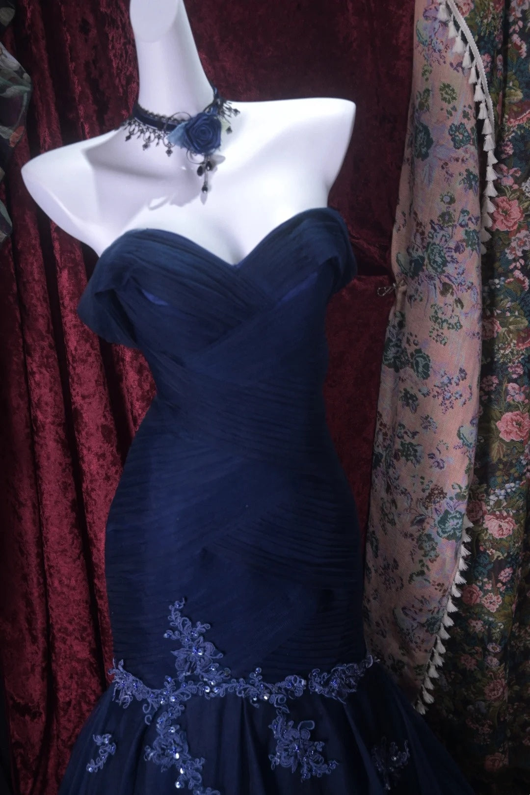 Off The Shoulder Navy Blue Mermaid Prom Dress Tulle Evening Gown  P1816