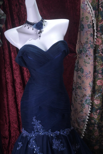 Off The Shoulder Navy Blue Mermaid Prom Dress Tulle Evening Gown  P1816