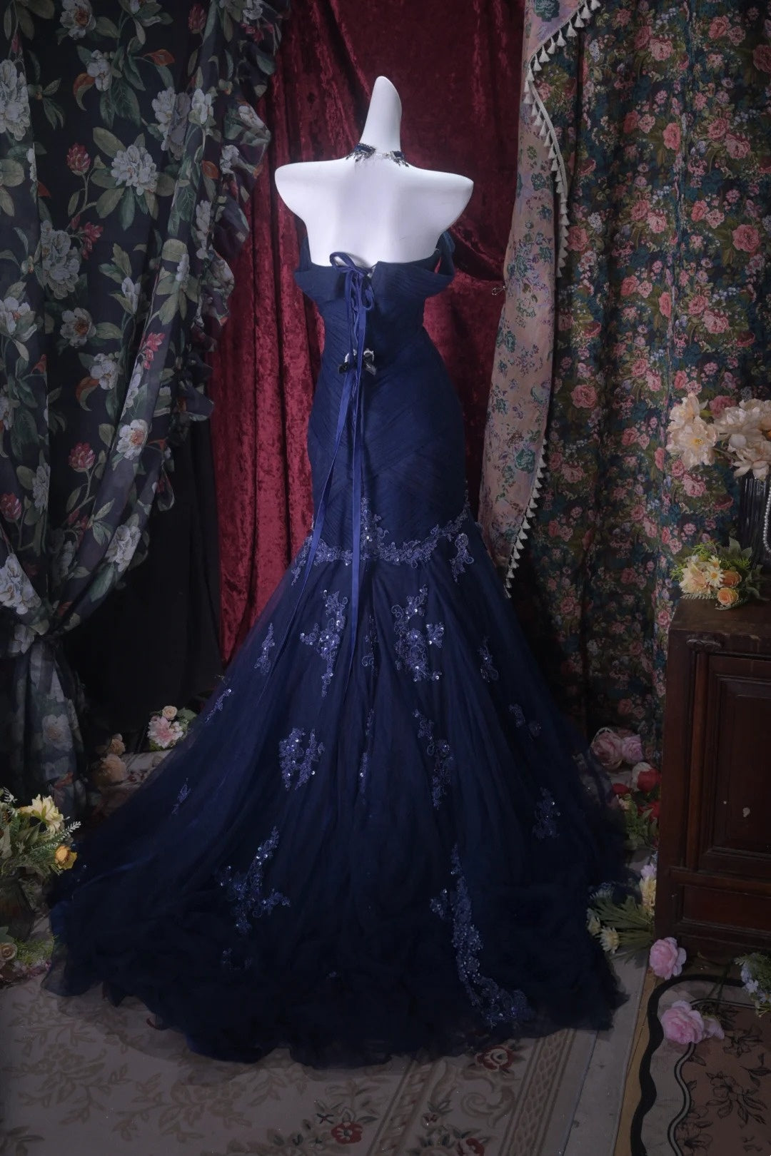 Off The Shoulder Navy Blue Mermaid Prom Dress Tulle Evening Gown  P1816