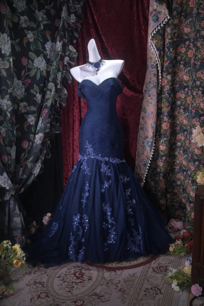 Off The Shoulder Navy Blue Mermaid Prom Dress Tulle Evening Gown  P1816