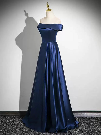 Off The Shoulder Navy Blue Satin Formal Prom Dress  P2704