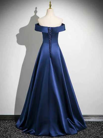 Off The Shoulder Navy Blue Satin Formal Prom Dress  P2704