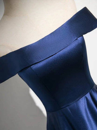Off The Shoulder Navy Blue Satin Formal Prom Dress  P2704