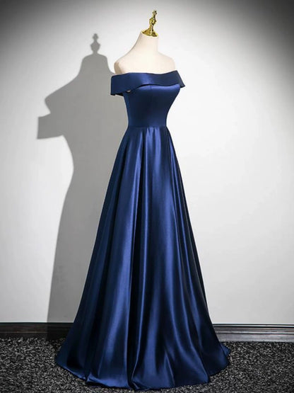 Off The Shoulder Navy Blue Satin Formal Prom Dress  P2704