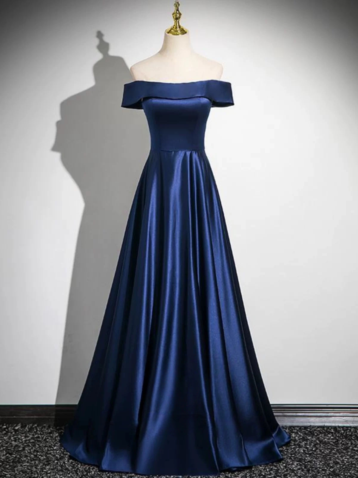 Off The Shoulder Navy Blue Satin Formal Prom Dress  P2704