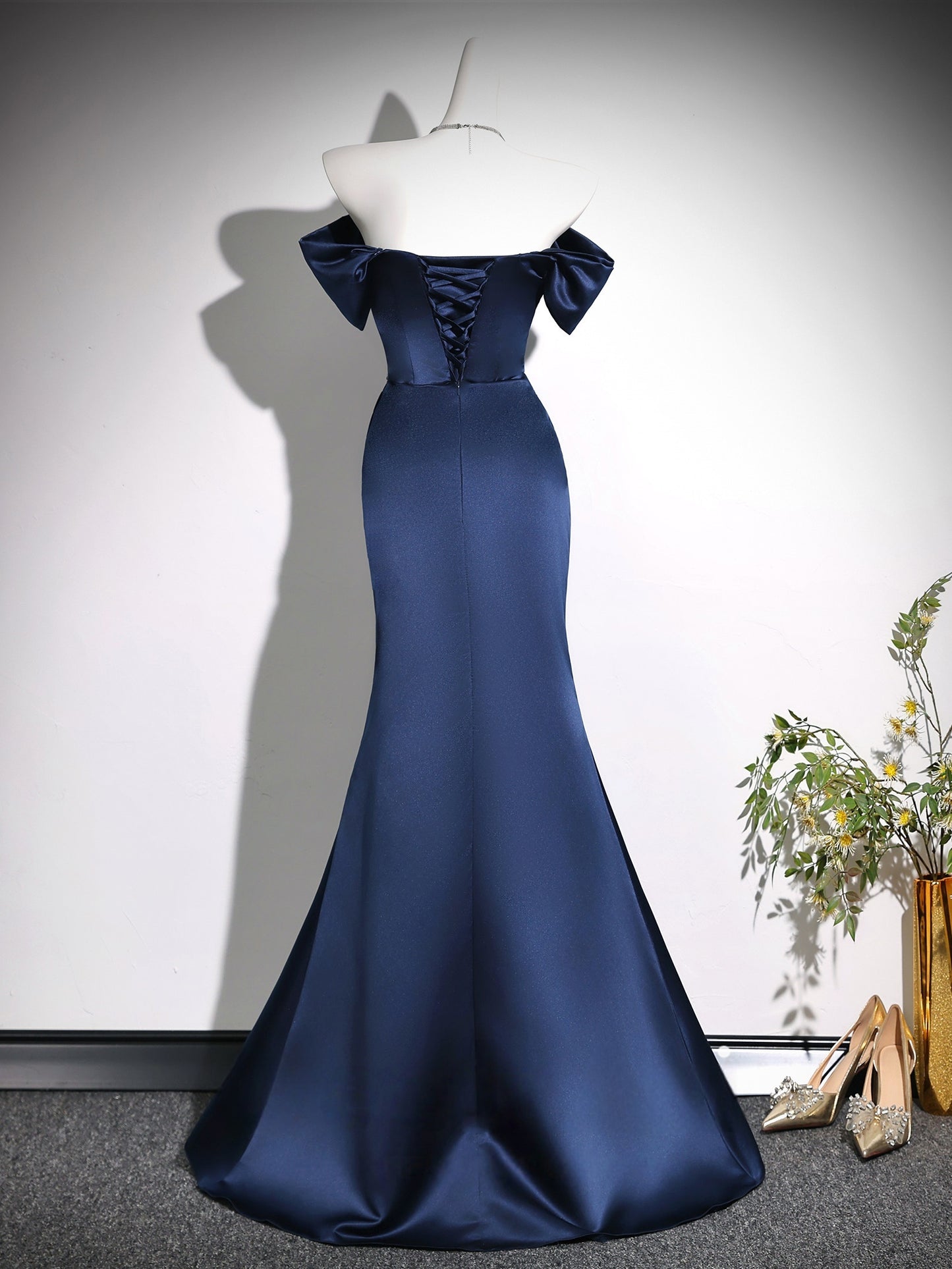 Off The Shoulder Navy Blue Satin Mermaid Prom Dress   P1194