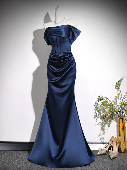 Off The Shoulder Navy Blue Satin Mermaid Prom Dress   P1194